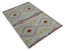5x8 Hand Knotted Ivory, Red and Yellow Recycled Silk Area Rug