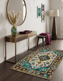 5x8 Hand Knotted Ivory, Teal Blue and Brown Antique Persian Style Bamboo Silk Area Rug