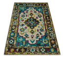 5x8 Hand Knotted Ivory, Teal Blue and Brown Antique Persian Style Bamboo Silk Area Rug