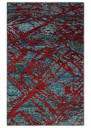 5x8 Hand Knotted Maroon, Gray and Blue Modern Abstract Recycled Silk Area Rug