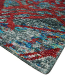 5x8 Hand Knotted Maroon, Gray and Blue Modern Abstract Recycled Silk Area Rug