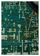 5.6x8 Hand Knotted Green and Beige Modern Abstract Recycled Silk Area Rug