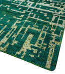 5.6x8 Hand Knotted Green and Beige Modern Abstract Recycled Silk Area Rug