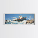 Man Vs. Ocean, Tugboat Crashing On The Rockets, Framed Canvas Print, Nautical Decor, Nautical Centerpiece