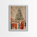 Large Christmas Tree in Snowy Town Square with People Gathering for the Holidays, Framed Canvas Print for Christmas Wall Art