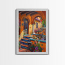 Colorful Mediterranean Courtyard Framed Canvas Print Spanish Tile Art Best Gift Idea Home Decor Above Sofa Wall Art Bright Seasonal Decor