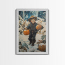 Cowboy Christmas Decor Framed Canvas Print with Pumpkin in Snow, Rustic Holiday Home Wall Art and Seasonal Gift Idea 2024