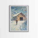Cowboy Walking in Snow Scene Framed Canvas Print - Moody Landscape Art for Winter Home Decor 2024 Rustic Winter Wall Art
