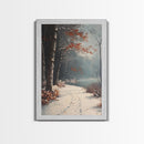 Framed Canvas Print of a Snowy Path with Trees and Red Leaves, Winter Wall Art, Moody Landscape, Best Gift Idea, Modern Christmas Decor