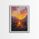 Red Barn at Fall Sunset Framed Canvas Print, Warm Autumn Landscape with Cows in Pasture, Perfect Wall Art for Country and Farmhouse Homes