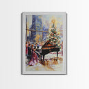 Elegant Christmas party with grand piano and city skyline view Framed Canvas Print, classy holiday wall art perfect seasonal decor idea