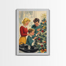 Mid-Century Family Christmas Celebration with Turntable and Christmas Tree, Retro Holiday Wall Art, Framed Canvas Print