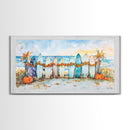 Framed Canvas Print Beach Scene with Surfboards and Pumpkins, Fall Beach Decor, Autumn Coastal Wall Art, Perfect Fall Beach Theme