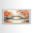 Tranquil Japanese Autumn Bridge Framed Canvas Print Fall Nature Scene Art Minimalist Wall Decor Seasonal Holiday Gift Idea 2024
