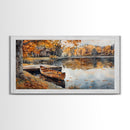 Fall lake house decor Framed Canvas Print serene lakeside cabin canoe rustic autumn wall art seasonal decor gift idea cozy fall home decor