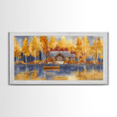 Lakeside cabin in autumn, framed canvas print, cozy fall decor, rustic cabin home decor, fall landscape wall art, perfect autumn gift idea