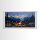 Framed Canvas Print Western Cowboys Campfire Evening Art Landscape Rustic Winter Mountain Home Decor Extra Large Wall Art Gift