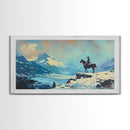Smiling cowgirl in snow with autumn trees, Framed Canvas Print, rustic wall art winter autumn, tall art piece farmhouse country decor