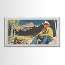 Bold monochromatic Framed Canvas Print showcasing a woman in a cowboy hat with horses in a snowy mountain landscape, rustic winter wall art