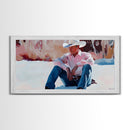 Fall harvest Framed Canvas Print featuring a cowgirl sitting among pumpkins in a rustic setting, farmhouse autumn decor and wall art