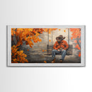 Monochrome Framed Canvas Print of a woman in a snowy field holding red flowers,  moody landscape wall art and rustic winter holiday decor
