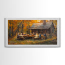 Thanksgiving Dinner With Family At Rustic Cabin, Cozy Fall Harvest Scene Wall Art, Warm Autumn Framed Canvas Print, Country Decor