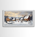 Snowy Village Church Scene, Rustic Christmas Landscape Wall Art, Winter Wonderland Framed Canvas Print, Country Holiday Home Decor