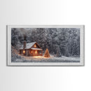 Winter cabin with Christmas tree outdoor decor, snowy landscape art, framed canvas print, winter wonderland wall art, holiday decor