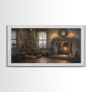 Traditional Christmas Living Room Framed Canvas Print with Tree and Stockings, Rustic Christmas Decor, Best Holiday Gift Wall Art