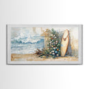 Coastal Christmas Scene Surfboards Christmas Tree Framed Canvas Print, Beach Holiday Decor Wall Art With Surfing Theme