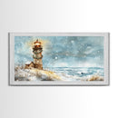 Coastal Christmas Lighthouse Decor Framed Canvas Print, Snowy Beach Scene with Holiday Wreath and Lighthouse Winter Wall Art