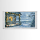 Rustic snowy mountain cabin with Christmas lights, Framed Canvas Print a cozy winter scene, perfect for winter wonderland wall decor