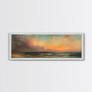 North Beach at Sunset, Framed Canvas Print, Beautiful Panoramic Seascape Painting, Boho / Minimalist Home Decor, Rustic Beach Art