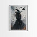 The Witch and her Crows, Framed Canvas print, Spooky Season Halloween Wall Art, Gothic Home Decor, Witch Wall Art, Halloween Art