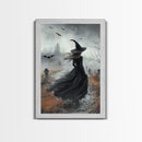Gothic Oil Painting Print Of a Witch in a Grave Yard, Framed Canvas Print, Dark Academia, Gothic Art, Goth Decor, Halloween Wall Art