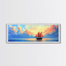 Japanese Sailboat on a Calm Sea, Framed Canvas Print, Panoramic Seascape Landscape Painting, Nautical Home Decor, Ocean Painting