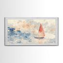 Sailboat sails at Dawn Framed Canvas Print - Nautical Decor - Coastal Decor - Neutral Seascapes Painting - Modern Wall Art