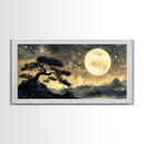 Bonzai Tree Under a Full Moon, Framed Canvas Print Ready To Hang, Minimalist Wabi Sabi Japanese Style Artwork, Above Sofa Wall Art, Home Decor