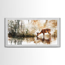 Young Doe Drinking Water In The Forest Framed Canvas Print, Painting of a Deer drinking Water, Gift for Hunter, Outdoorsman Gift, Cabin Art