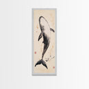 Minimalist Whale Ink Art Depicting Graceful Humpback Whale – Elegant Black and White Framed Canvas Print for Nautical or Coastal Decor