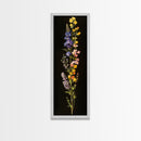 Elegant Wildflower Botanical Art - Framed Canvas Print Featuring Vertical Array of Vibrant Blooms on Dark Background