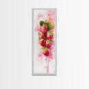 Strawberries Watercolor Painting Framed Canvas Print, Whimsical Kitchen Art, Pink Fruit Rustic Vertical Wall Art, Gift Idea