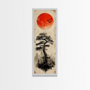 Bold Red Sun Pine Tree Framed Canvas Print Japanese Inspired Minimalist Wall Art Rustic Zen Decor Unique Vertical Nature Artwork