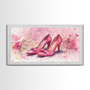 Pink Heels Painting Framed Canvas Print, Feminine Art Gift Idea, Light Pink Wall Art, Cottagecore Decor, Rustic Original Artwork