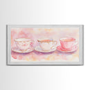 Vintage Tea Cups Artwork with Pink Wall Art Vibes on Framed Canvas Print, Cottagecore Style Kitchen or Dining Room Decor Gift