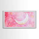 Crescent Moon and Stars Design in Pink Wall Art Style on Framed Canvas Print, Nursery or Bedroom Light Pink Whimsical Art