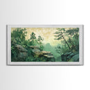 Green Forest Serenity Framed Canvas Print with Mountain Landscape Art and Sage Green Wall Art Perfect Living Room Rustic Decor