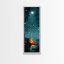 Moonlit Campfire, forest at dusk painting, moody art, rustic decor, vertical wall art, boho art, Canvas Print
