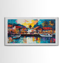 Coastal Village Painting, Nautical Wall Art, Tropical Landscape Art, Vibrant Art, Beach House Decor, Extra Wide Art, Canvas Print