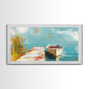 Wooden dock, rowboat, lake, marsh painting, fisherman painting, coastal decor, rustic wall art, framed canvas print, guest room art